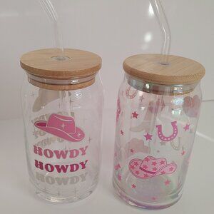 Set of 2 Soda Can Glasses Pink Western Theme NWOT